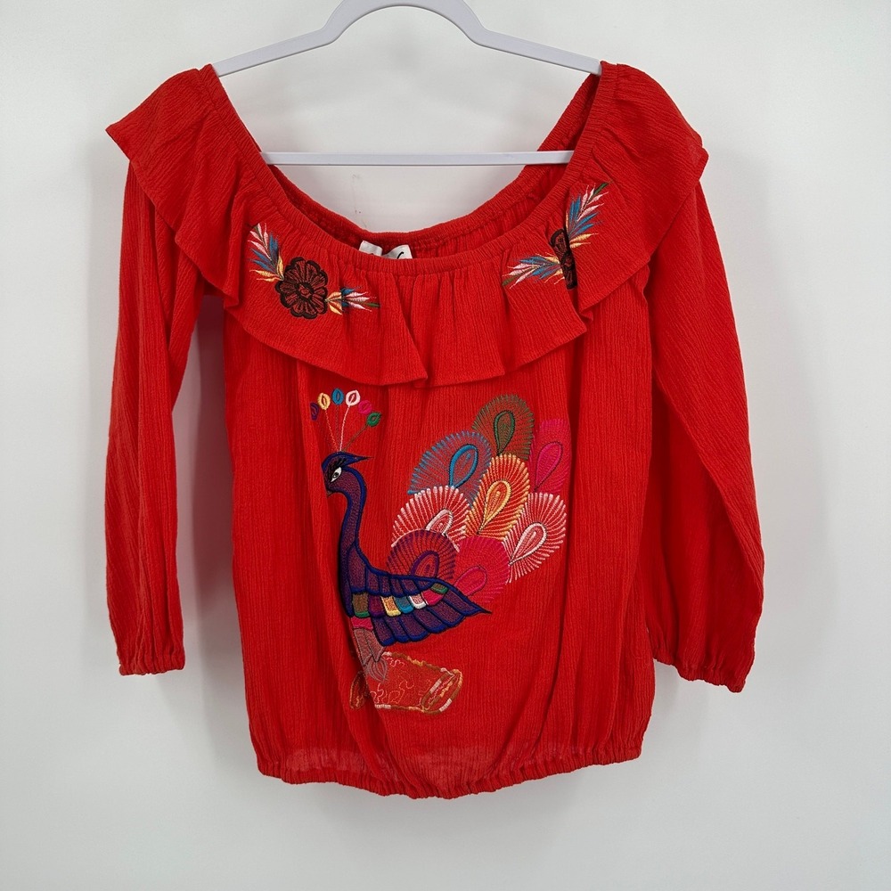 Womens Boho Embroidered Peacock Top Size S Festival Artisan Folk Art Peasant